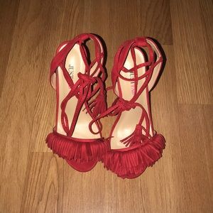 Red fringe tie up heels
